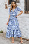 Sky Blue V Neck Casual Geometric Print Maxi Dress-Dresses-MomFashion