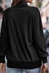 Black Ribbed Hem Snap Button Neckline Sweatshirt with Pocket-Tops-MomFashion