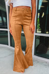 Brown Exposed Seam Flare Suede Pants with Pockets-Bottoms-MomFashion