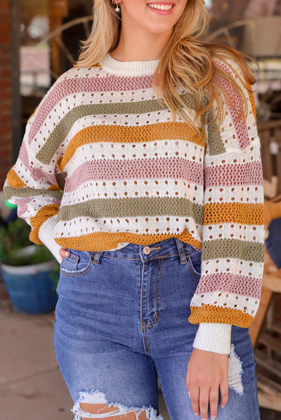 Multicolor Striped Hollowed Knitted Loose Sweater-Tops-MomFashion