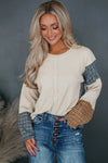 Smoke Gray Plaid Patchwork Raw Seam Long Sleeve Top-Tops-MomFashion