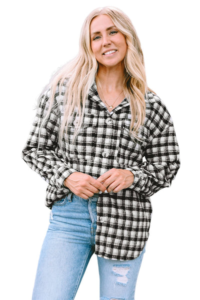 Black Plaid Print Chest Pockets Buttoned Tunic Shacket-Outerwear-MomFashion