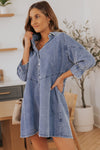 Sky Blue Buttoned Long Sleeve Denim Mini Dress-Dresses-MomFashion