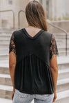 Black Eyelash Lace Sleeve V Neck Ruffle Babydoll Top-Tops-MomFashion