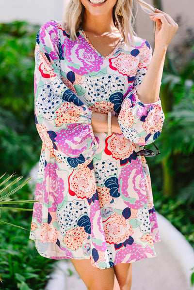 Multicolor Bracelet Bubble Sleeve Blooming Flower Print Dress-Dresses-MomFashion