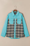 Sky Blue Plaid Patchwork Pockets Denim Jacket-Outerwear-MomFashion