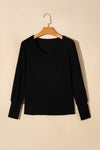 Black Ribbed Bishop Sleeve Round Neck Top-Tops-MomFashion