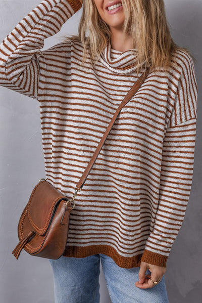 Brown Striped Turtleneck Loose Sweater-Tops-MomFashion