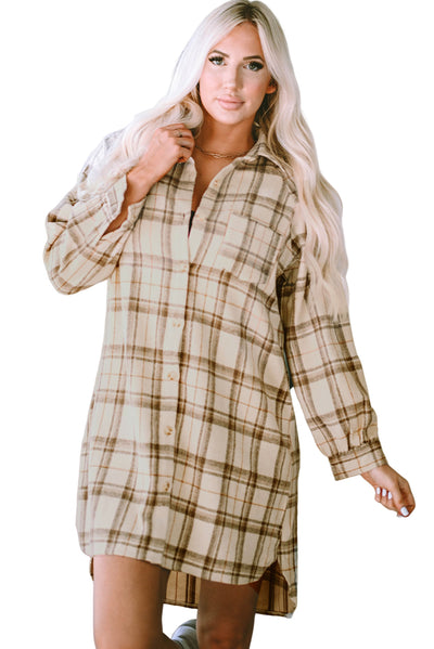 Khaki Western Plaid Button Up Loose Shirt Dress-Dresses-MomFashion