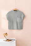 Gray Patch Pocket Ribbed Knit Short Sleeve Sweater-Tops-MomFashion