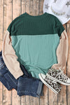 Green Color Block Long Sleeve Ribbed Loose Top-Tops-MomFashion