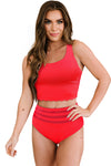 Red Scalloped Criss Cross High Waist Bikini-Swimwear-MomFashion