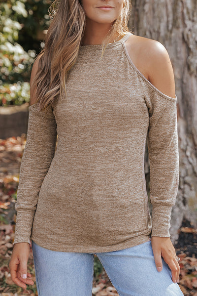 Khaki Marble Knit Cold Shoulder Long Sleeve Top-Tops-MomFashion