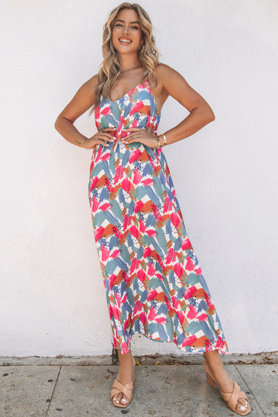 Multicolor Abstract Print Spaghetti Straps Maxi Dress-Dresses-MomFashion