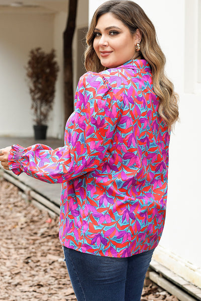 Multicolour Plus Size Floral Print Ruffled Puff Sleeve Shirt-Plus Size-MomFashion