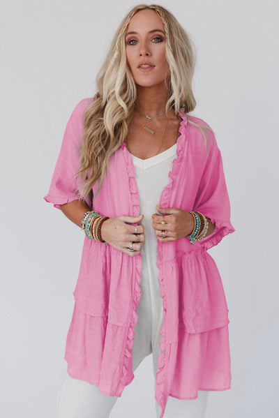 Pink Ruffled Trim Half Sleeve Open Front Kimono-Outerwear-MomFashion