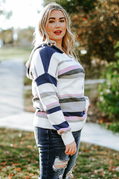 Stripe Plus Size Striped Hooded Knit Sweater-Plus Size-MomFashion