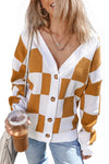 Brown Contrast Checkered Print Button Up Sweater Cardigan-Tops-MomFashion