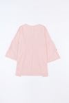 Pink Ribbed Roll-tab Sleeve Chest Pocket Oversize Top-Tops-MomFashion