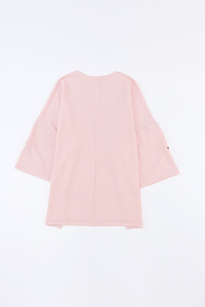 Pink Ribbed Roll-tab Sleeve Chest Pocket Oversize Top-Tops-MomFashion