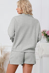 Gray Ribbed Zipper Sweatshirt and High Waist Shorts Set-Loungewear-MomFashion