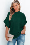 Blackish Green Mock Neck Batwing Short Sleeve Knit Sweater-Tops-MomFashion