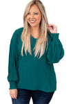 Green Pleated Bubble Sleeve Plus Size Blouse-Plus Size-MomFashion