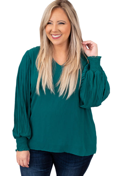 Green Pleated Bubble Sleeve Plus Size Blouse-Plus Size-MomFashion