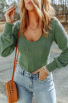 Green U Neck Textured Long Sleeve Top-Tops-MomFashion