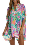 Multicolor Plant Print Button-up Half Sleeve Beach Cover Up-Swimwear-MomFashion