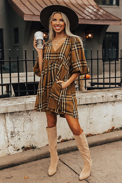 Brown Plaid Pattern Empire Waist Babydoll Dress-Dresses-MomFashion