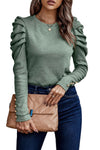 Green Buttoned Puff Long Sleeve Sheath Top-Tops-MomFashion