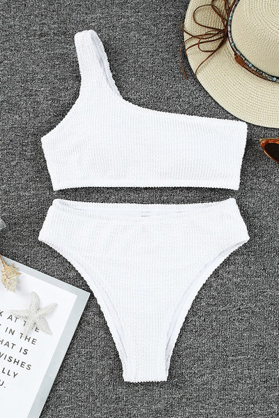 White Crinkle Textured Asymmetric One Shoulder Bikini Swimsuit-Swimwear-MomFashion