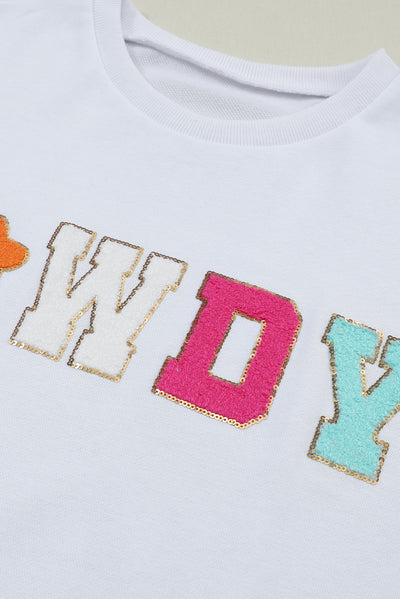 White Glitter Howdy Patch Graphic Casual Sweatshirt-Tops-MomFashion