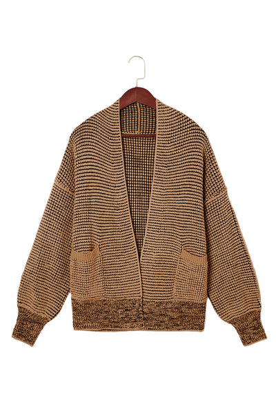 Brown Chunky Waffle Knit Oversized Collar Cardigan-Tops-MomFashion