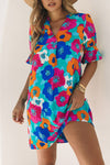 Multicolor Split V Collar Ruffle Sleeve Floral Shift Dress-Dresses-MomFashion