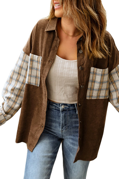 Brown Plaid Patchwork Corduroy Shirt Jacket with Pocket-Outerwear-MomFashion