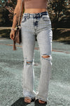 Light Blue Distressed Light Washed Slit Knee Flared Jeans-Bottoms-MomFashion