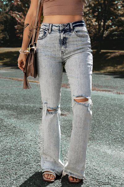 Light Blue Distressed Light Washed Slit Knee Flared Jeans-Bottoms-MomFashion