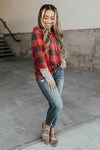 Fiery Red Christmas Plaid Striped Patchwork Drawstring Hoodie-Tops-MomFashion