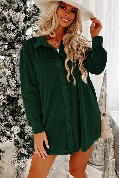 Blackish Green Velvet Button Front Shirt Mini Dress-Dresses-MomFashion