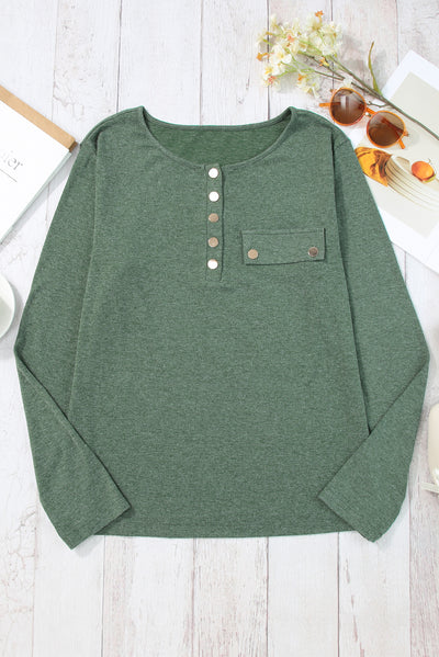 Mist Green Long Sleeve Snap Button Henley Top-Tops-MomFashion