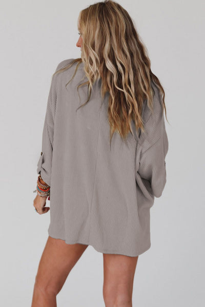 Gray Ribbed Roll-tab Sleeve Chest Pocket Oversize Top-Tops-MomFashion