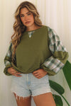 Green Plaid Patch Waffle Knit Exposed Seam Bubble Sleeve Top-Tops-MomFashion