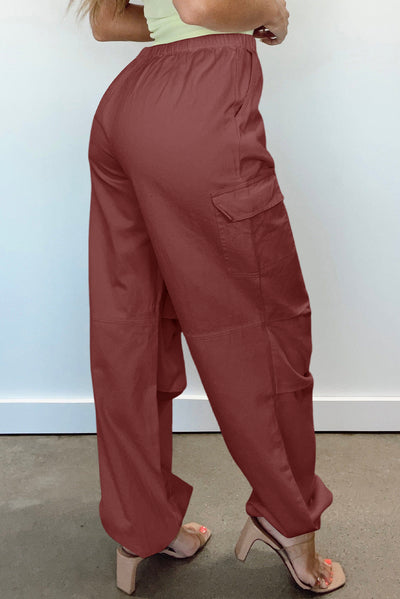 Mineral Red Solid Color Drawstring Waist Wide Leg Cargo Pants-Bottoms-MomFashion