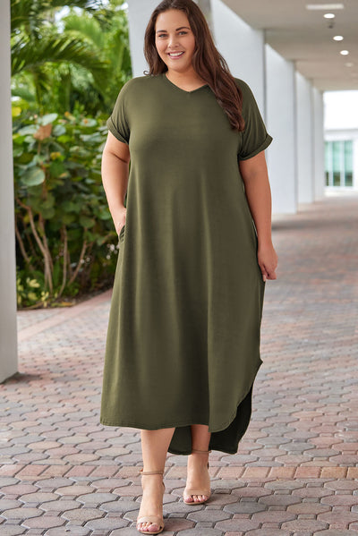 Green Plus Size V Neck Rolled Cuffs Maxi Dress-Plus Size-MomFashion