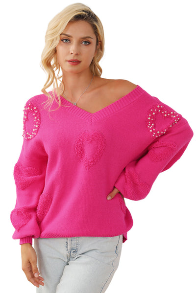 Rose Red Pearl Embellished Fuzzy Hearts V Neck Sweater-Tops-MomFashion