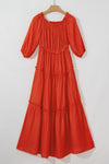 Orange Off Shoulder Balloon Sleeve Cutout Ruffled Maxi Dress-Dresses-MomFashion