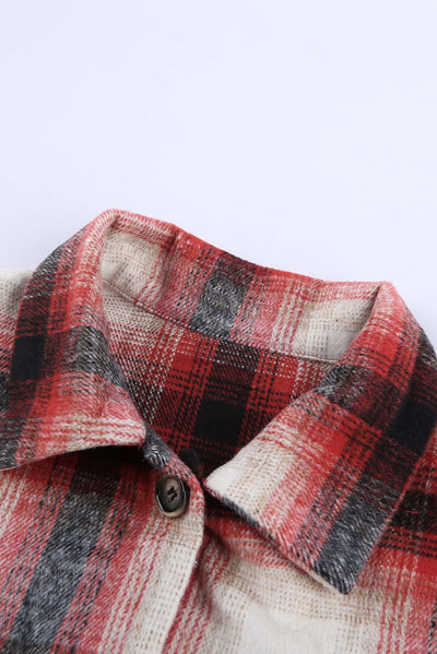 Red Turn down Neck Plaid Pocket Button Closure Coat-Outerwear-MomFashion