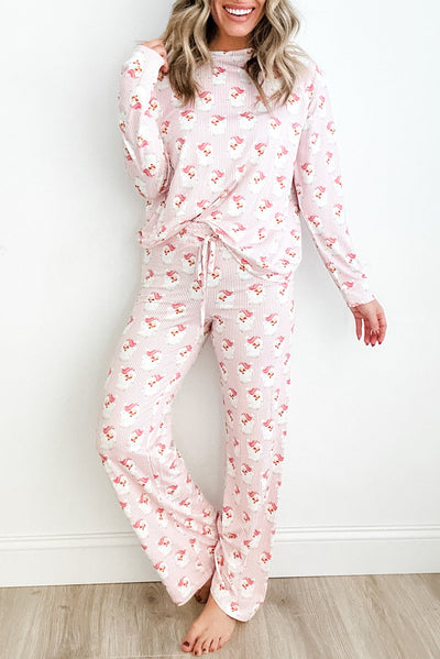 Pink Santa Claus Striped Print Loose Fit Two Piece Lounge Set-Loungewear & Sleepwear/Loungewear-MomFashion